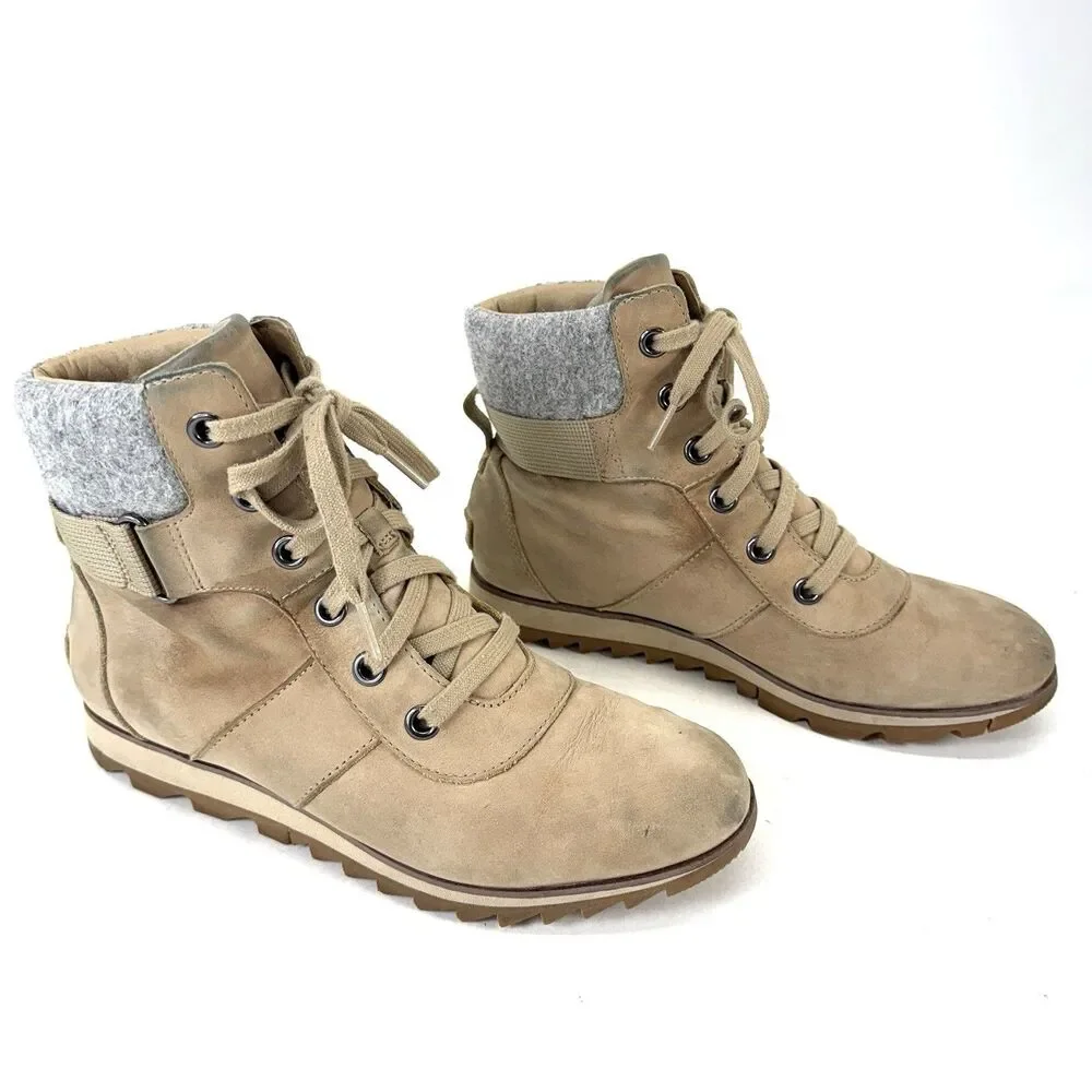Womens Sorel Harlow Conquest Tan Leather WP Wedge Ankle Boots Size 9